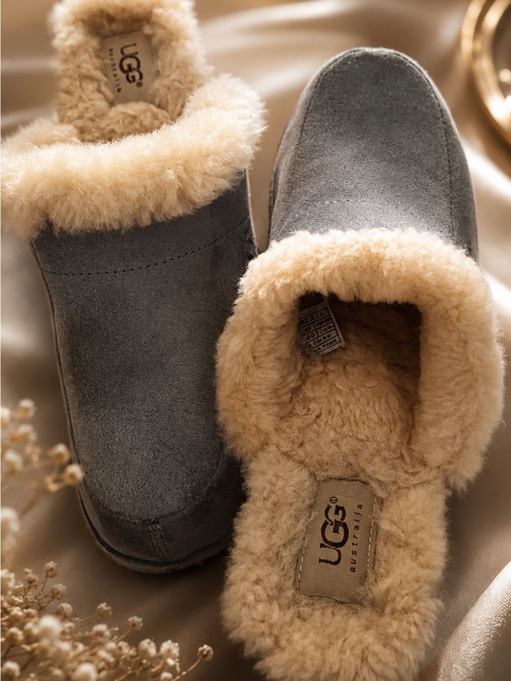 UGG Women's Powder blue Suede Fur-Lined Slip-On Clogs